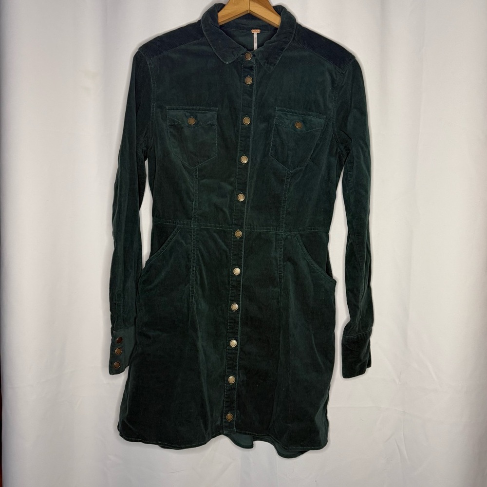 Free People Dark Green Dynamite Cord Shirt Dress